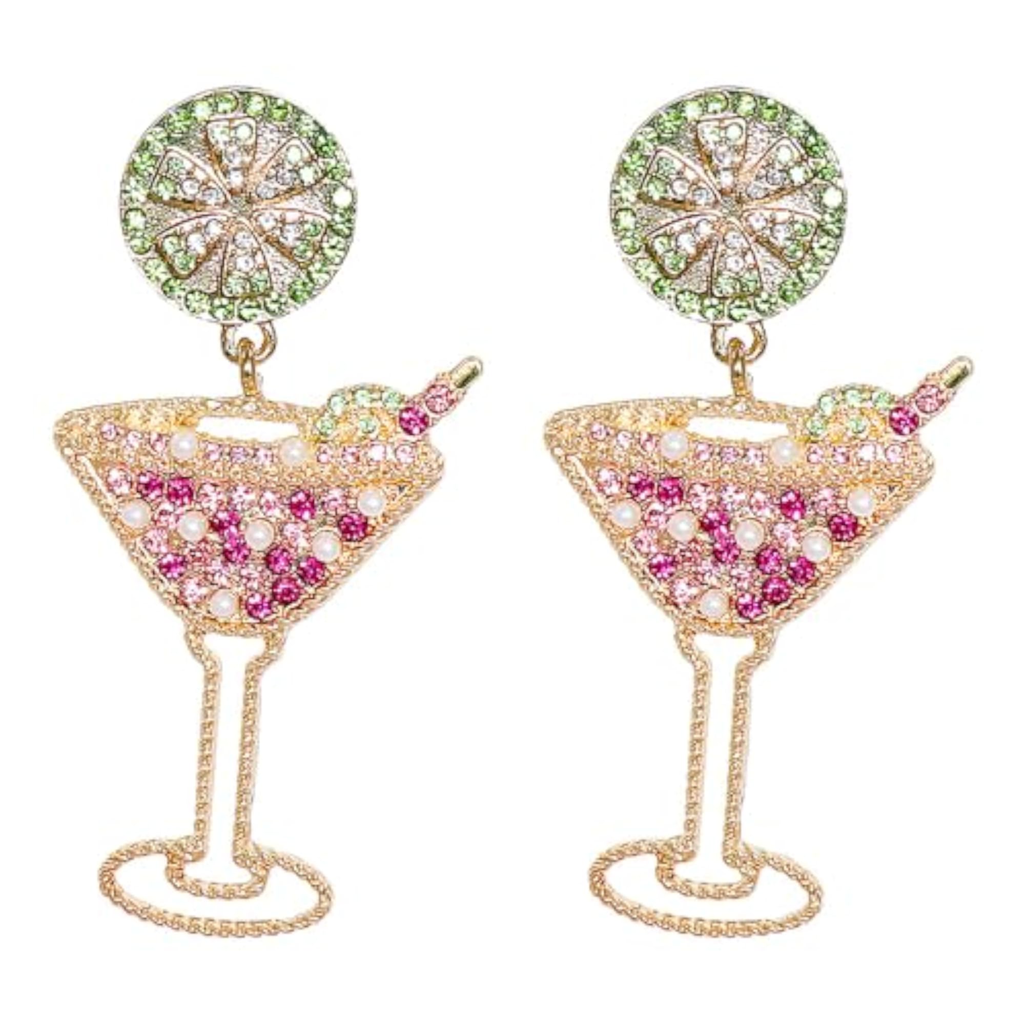 Women's Pink Rhinestone Cocktail Glass Drop Earrings, Dangle Style
